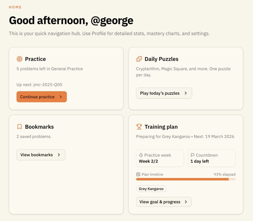 Problems.cc home hub: practice, daily puzzles, training plan